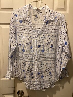 Blue & White Printed Button-Up Blouse